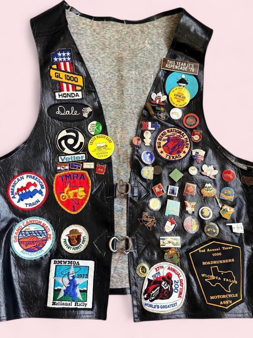 Vintage 1970s Motorcycle Biker Racing Faux Leather Vest Gilet Rare Patches Pins